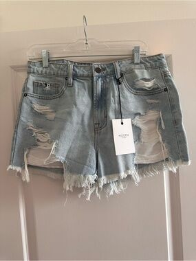 Hidden Los Angeles Finn Distressed Denim Shorts Light Wash High Rise Frayed Hem